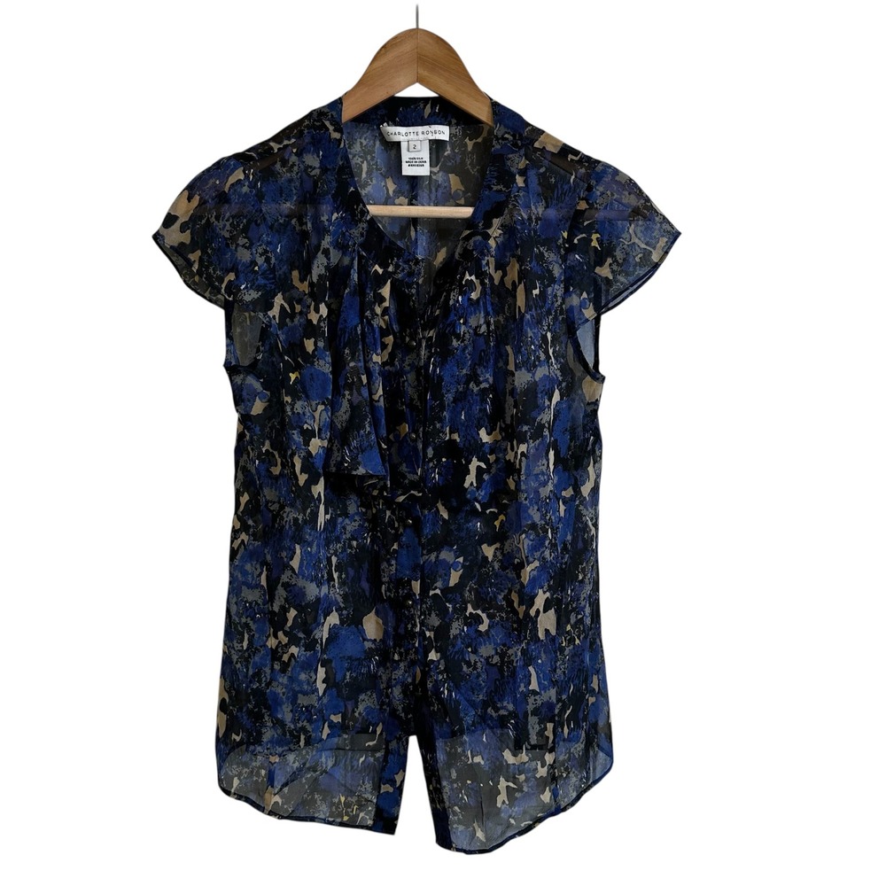 Charlotte Ronson Silk Blouse‎ Abstract Print Ruffle Front Cap Sleeve Size 2